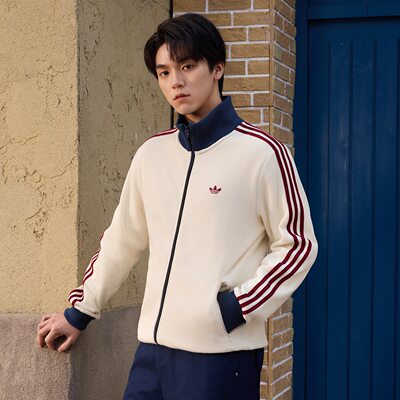 撞色立领条纹宽松华夫格外套