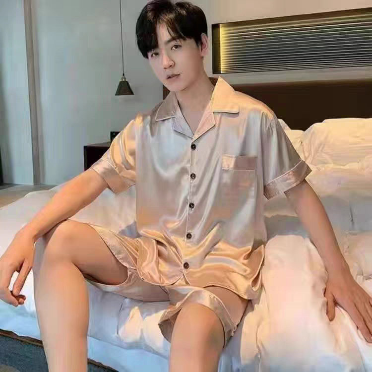 香槟冰丝睡衣男士夏薄款开衫短袖短裤青年家居服套装仿真丝绸