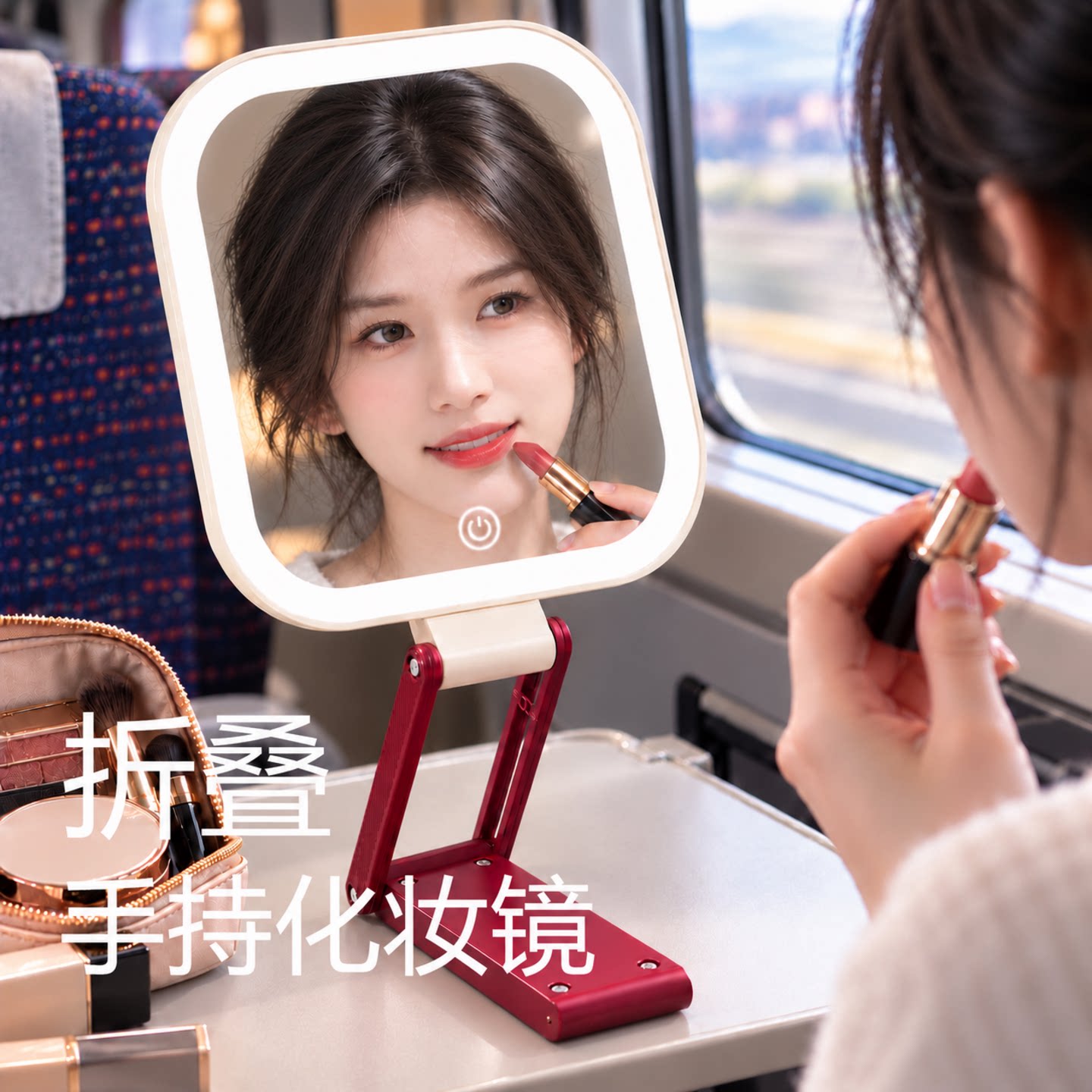 手持镜子化妆镜旅行带灯可折叠便携式手柄桌面可立高颜值大宿舍镜