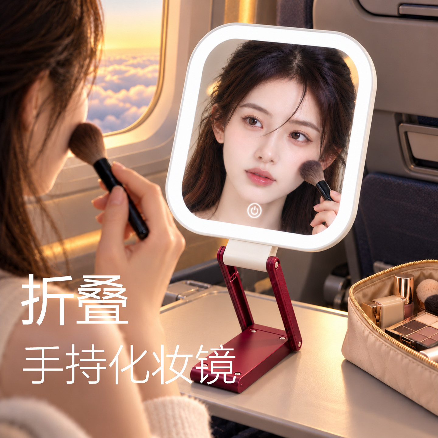 手持镜子化妆镜旅行带灯可折叠便携式手柄桌面可立高颜值大宿舍镜