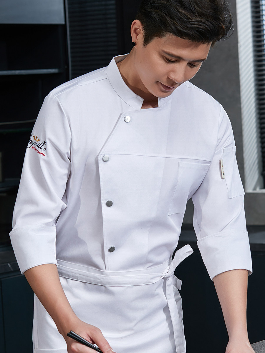 酒店纯棉厚款厨师服七分袖男饭店后厨烘焙厨师长长袖工作服短袖女