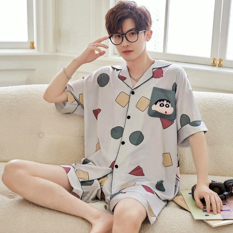 夏季薄款开衫男士睡衣冰雪丝凉感可爱卡通加肥大码青少年两件套装
