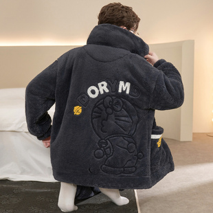 冬季加厚珊瑚绒睡衣男款拉链开衫卡通法兰绒加肥大码宽松保暖套装