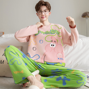 卡通纯棉男士睡衣秋季长袖长裤青少年可爱初中学生家居服装可外穿