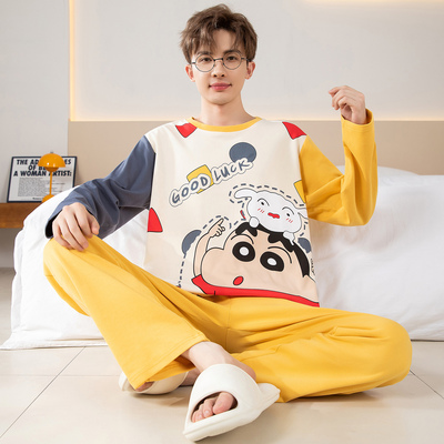青少年男士纯棉睡衣秋冬季薄款卡通加肥大码家居服学生套装可外穿