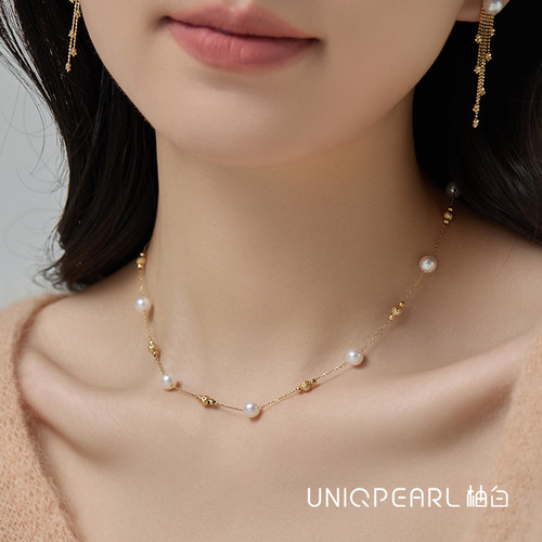 【夏之萤海】柚白珠宝 18K金镭射满天星项链天然淡水极光珍珠颈链