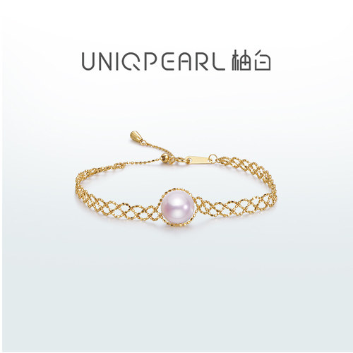 柚白 18K金优雅蕾丝手链女天然极光珍珠正圆单颗爆闪豆豆链礼物