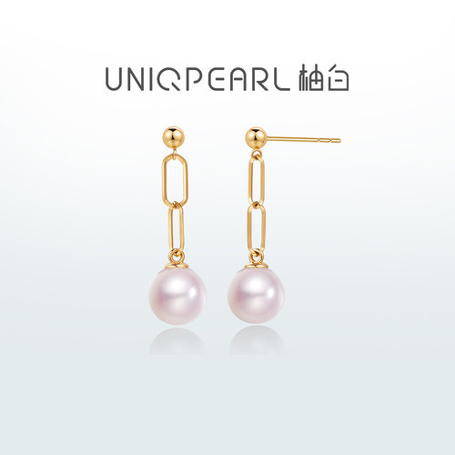 【Lucky】18K金INS风链条耳环7-8mm正圆极光淡水珍珠礼物