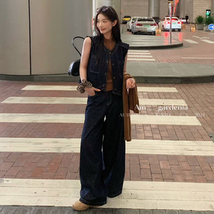 韩版2025新款气质牛仔套装时尚流苏马甲+直筒宽松裤腿裤两件套女