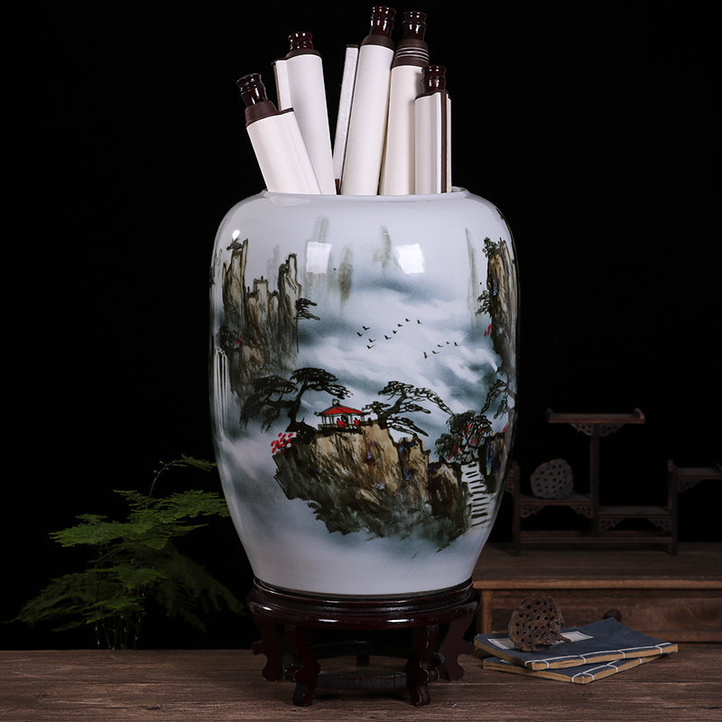 景德镇陶瓷书画桶卷轴缸字画收纳筒箭筒落地书房花瓶客厅装饰摆件
