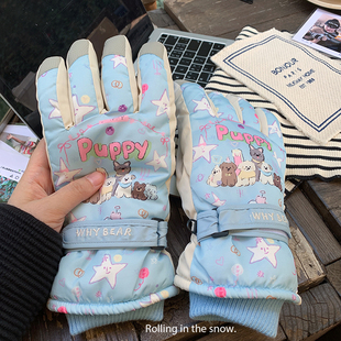 冬季加绒加厚可爱保暖手套女户外滑雪防寒防水骑行摩托车手套触屏