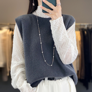 2023秋冬新款羊毛马甲女套头圆领无袖针织衫背心纯色羊绒坎肩外穿