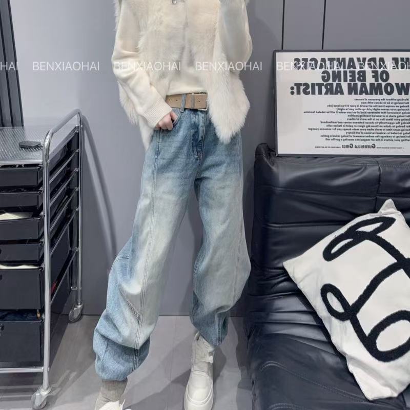 2025秋冬新款加厚水洗弯刀裤宽松显瘦遮肉牛仔裤欧洲站长裤女阔腿