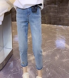 Джинсовые весенние эластичные приталенные штаны, европейский стиль, свободный прямой крой, подходит для подростков, по фигуре, высокая талия