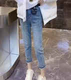 Джинсовые весенние эластичные приталенные штаны, европейский стиль, свободный прямой крой, подходит для подростков, по фигуре, высокая талия