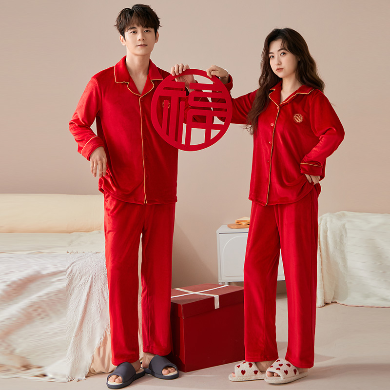 韩彩大红色睡衣结婚新婚喜庆婚用情侣套装加绒加厚珊瑚绒家居服