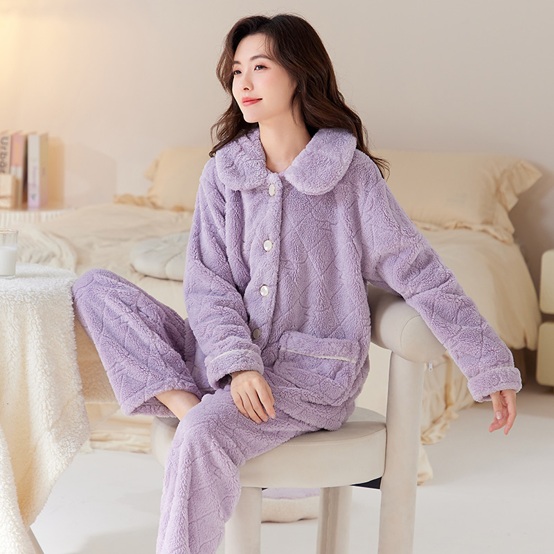 韩彩女士加绒加厚睡衣女冬季法兰绒女款珊瑚绒休闲紫色冬天家居服