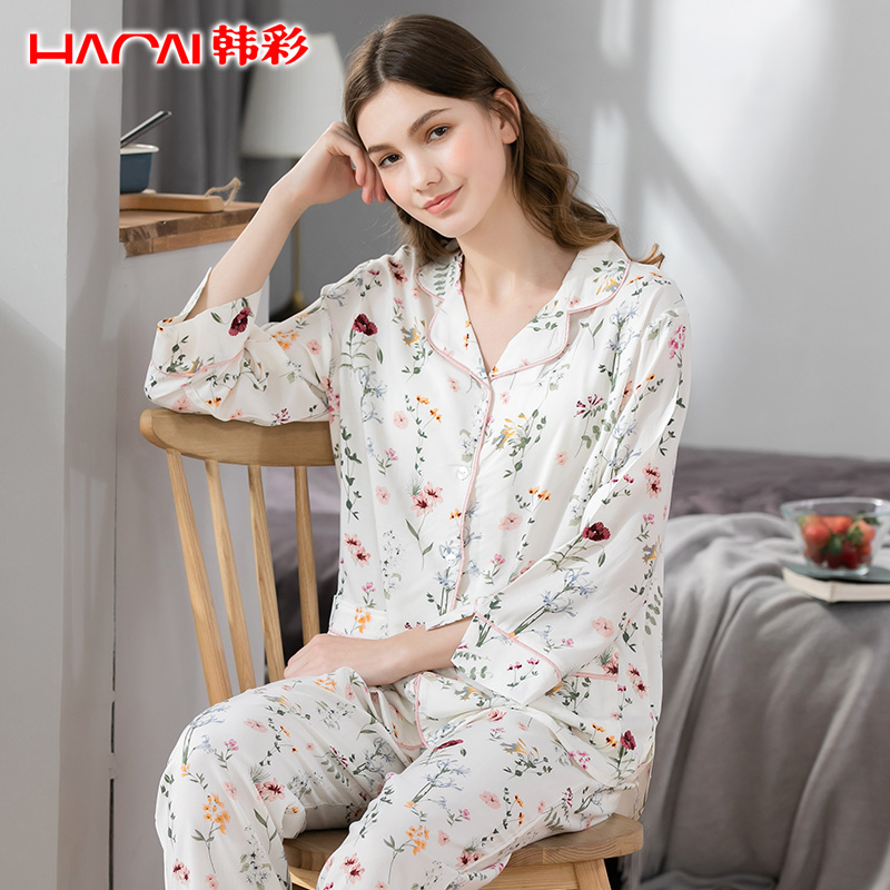 韩彩睡衣女春夏季长袖女士秋季中年妈妈夏天女款套装秋冬款家居服