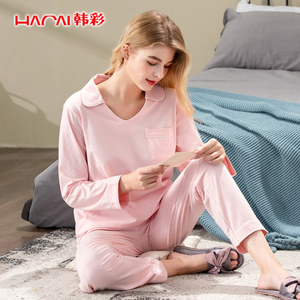 睡衣女春秋季棉粉色可爱睡衣女长袖两件套衬衫领家居服睡衣可外穿