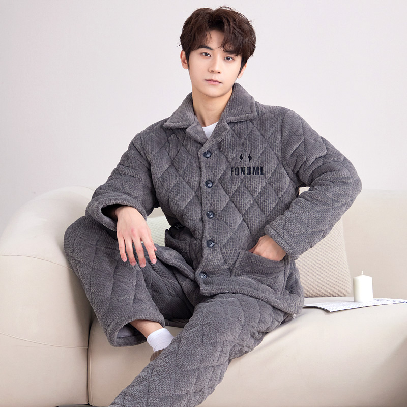睡衣男冬季三层夹棉加厚
