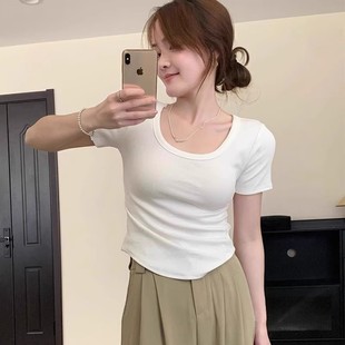 收腰设计感T恤绝美短款 奶黄色正肩U领短袖 修身 女2025新款 上衣 夏季