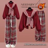 12岁加绒格子裤 初中生中大童海军风年服毛衣2024新款 红色针织衫