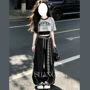 中大童又酷又飒爵士舞夏季穿搭女黑色工装裤套装炸街时髦运动风