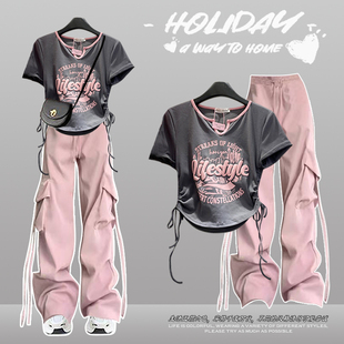 夏季大童小清新套装初中生女装显高POLO领T恤工装阔腿裤两件套