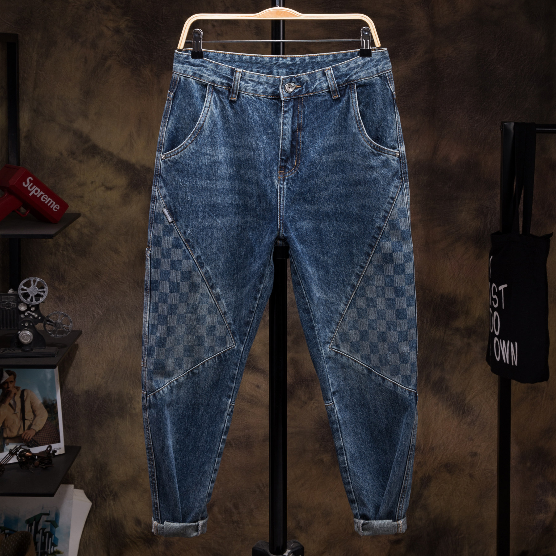 秋季拼接日系牛仔裤男2024年男装新款棋盘格宽松小裤脚ins哈伦裤