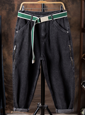 黑色直筒牛仔裤男日系原宿风宽松高街阔腿裤潮秋季男装多口袋裤子