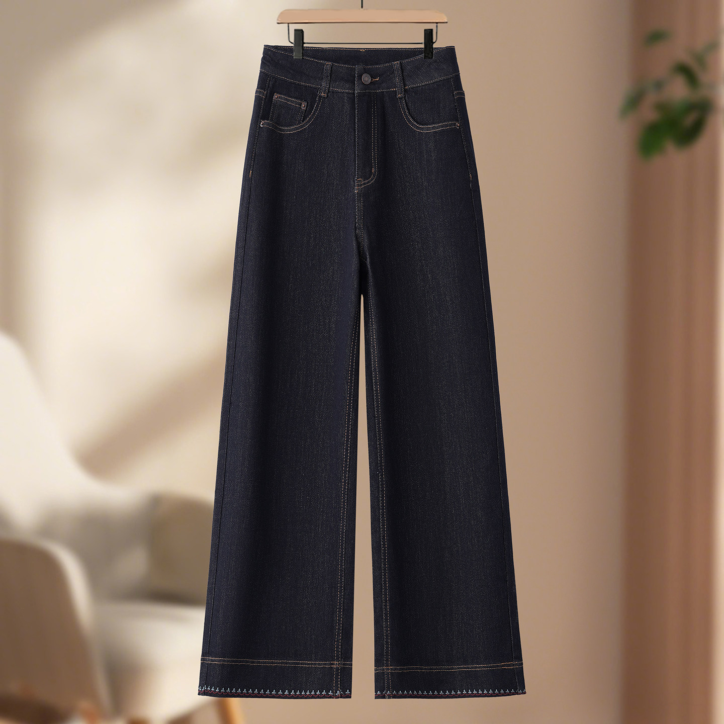 女士丹宁蓝阔腿牛仔裤女装2026春秋季新款高腰显瘦窄版休闲直筒裤
