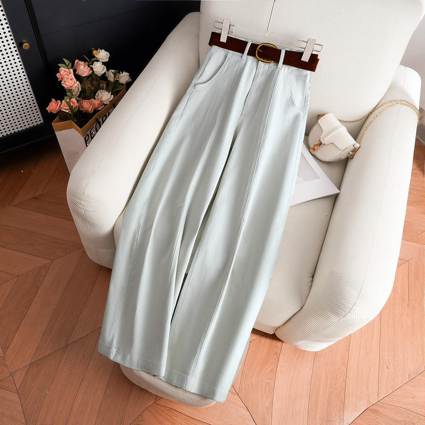 女士弯刀软牛仔裤女2026春秋季新款高腰小个子休闲九分裤阔腿裤子