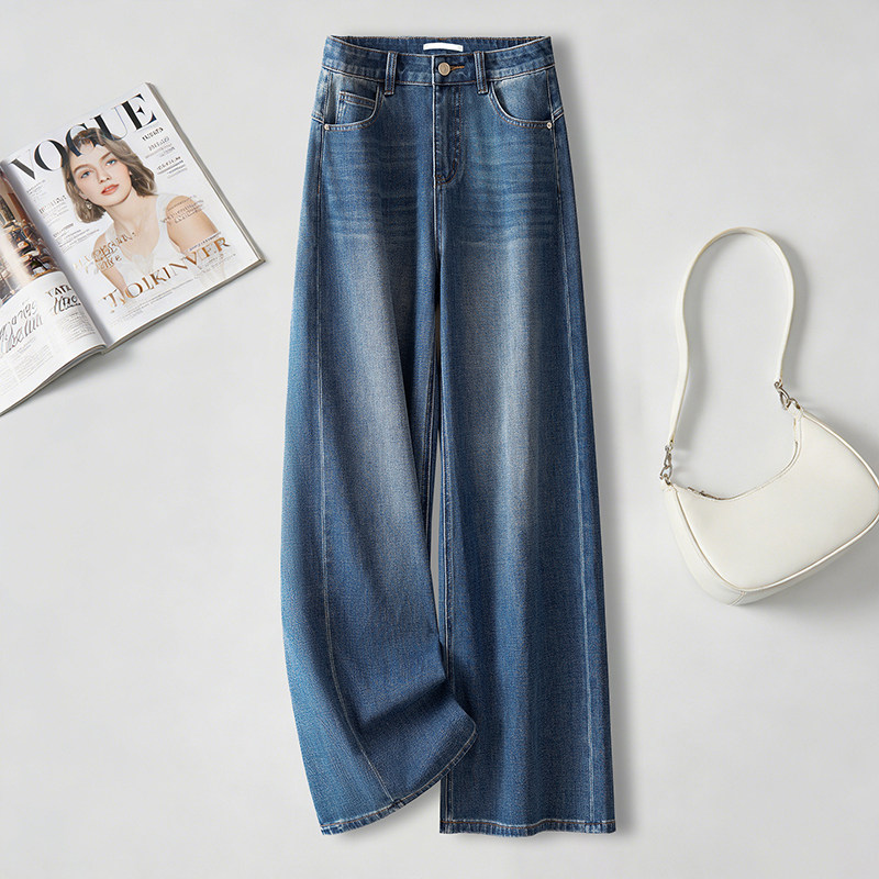 美式复古蓝色牛仔阔腿裤女2026年春秋季新款版型好看显瘦直筒裤子