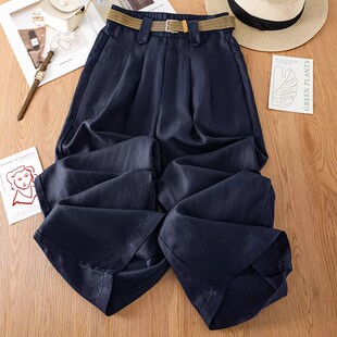 藏青色亚麻阔腿裤女夏季薄款2026新款宽松苎麻裤子天丝棉麻直筒裤