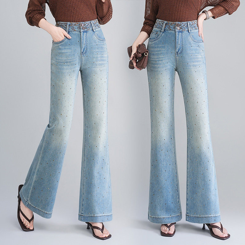 蓝色刺绣烫钻微喇牛仔裤女2026年春季新款高腰修身显瘦九分裤长裤