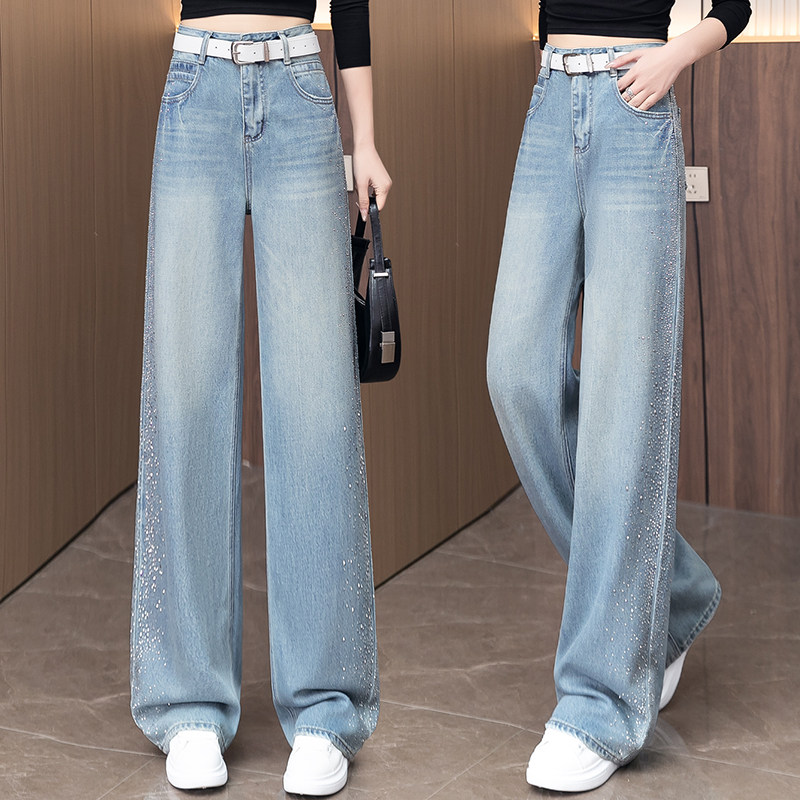 今年流行烫钻牛仔阔腿裤女2026年春秋季新款超火带钻浅色直筒裤子