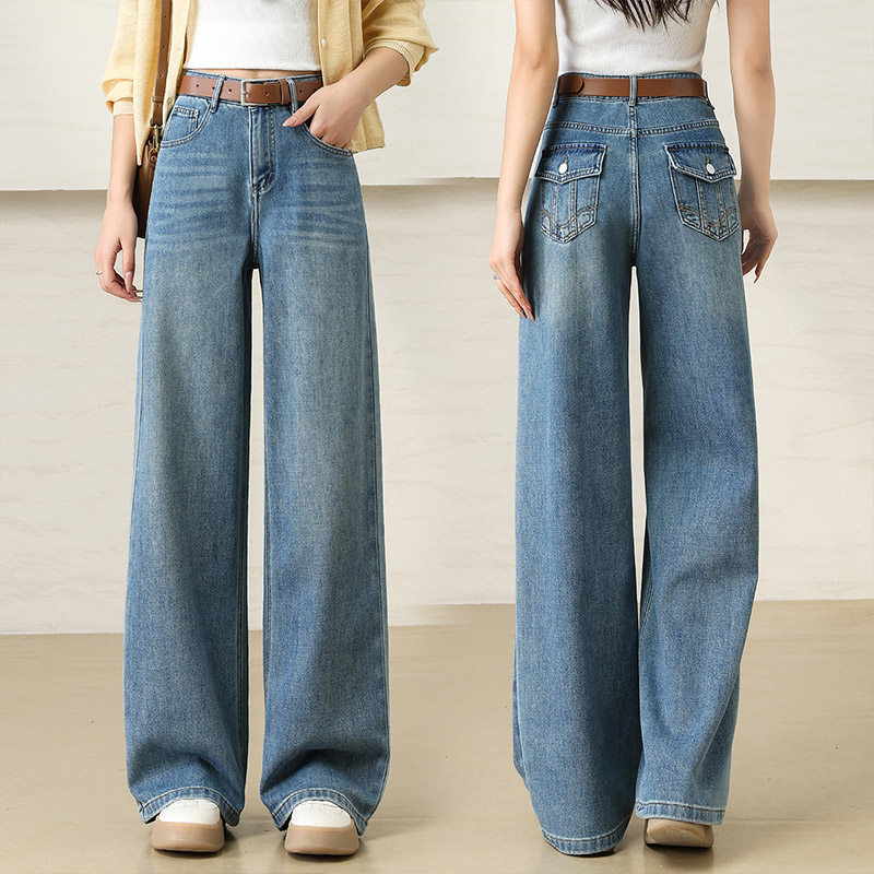 浅色牛仔裤女阔腿宽松2026年新款春季女士复古高腰窄版拖地直筒裤