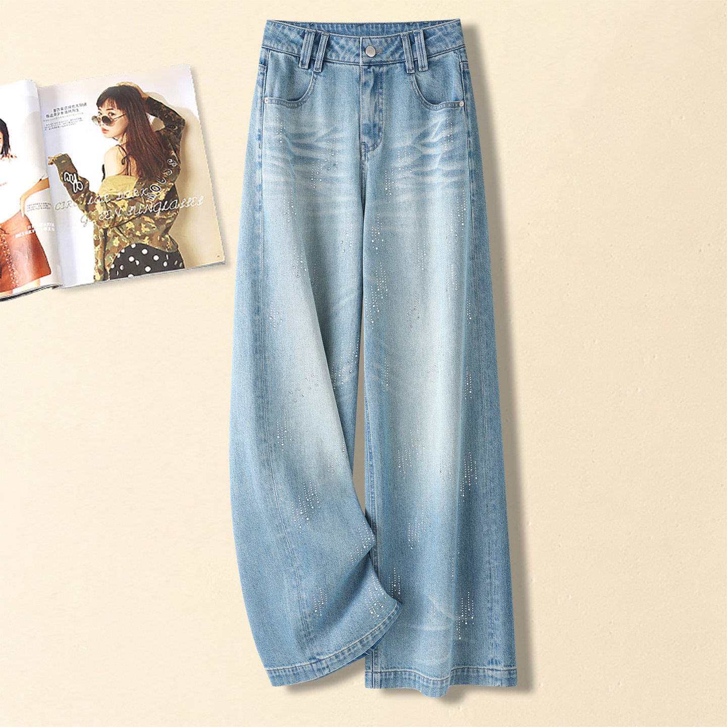 春夏爆款满天星烫钻牛仔阔腿裤女2026新款高腰宽松显瘦窄版直筒裤