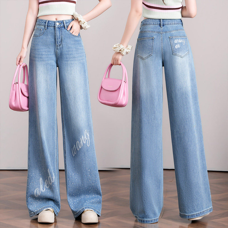烫钻高腰阔腿牛仔裤女2026春秋季新款宽松显瘦浅蓝色直筒休闲裤子