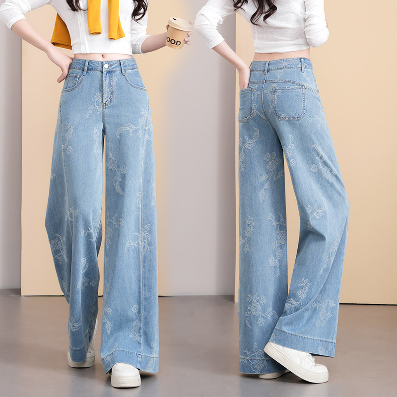 浅蓝色提花阔腿牛仔裤女春秋2026新款宽松显瘦超好看刺绣直筒裤子