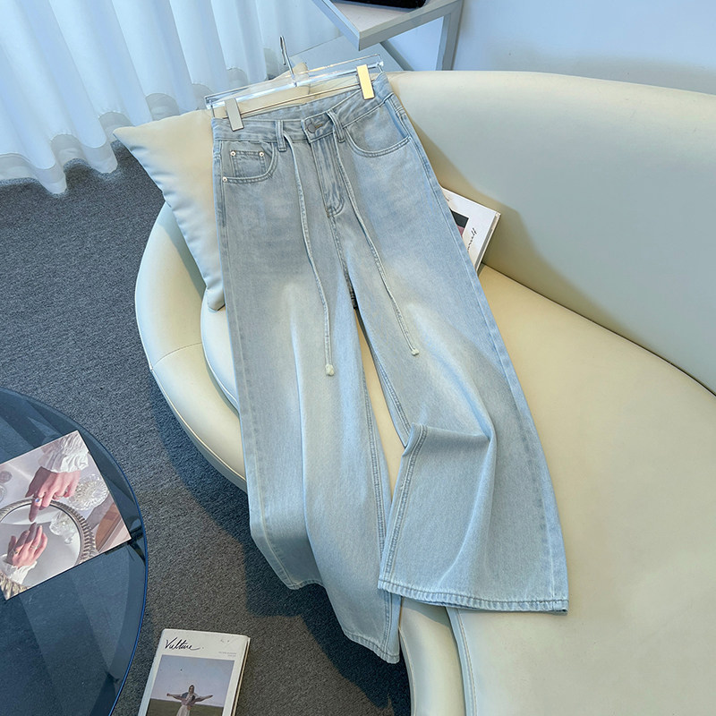 浅蓝色系带阔腿牛仔裤女2026春季新款爆款小个子垂感高腰九分裤子