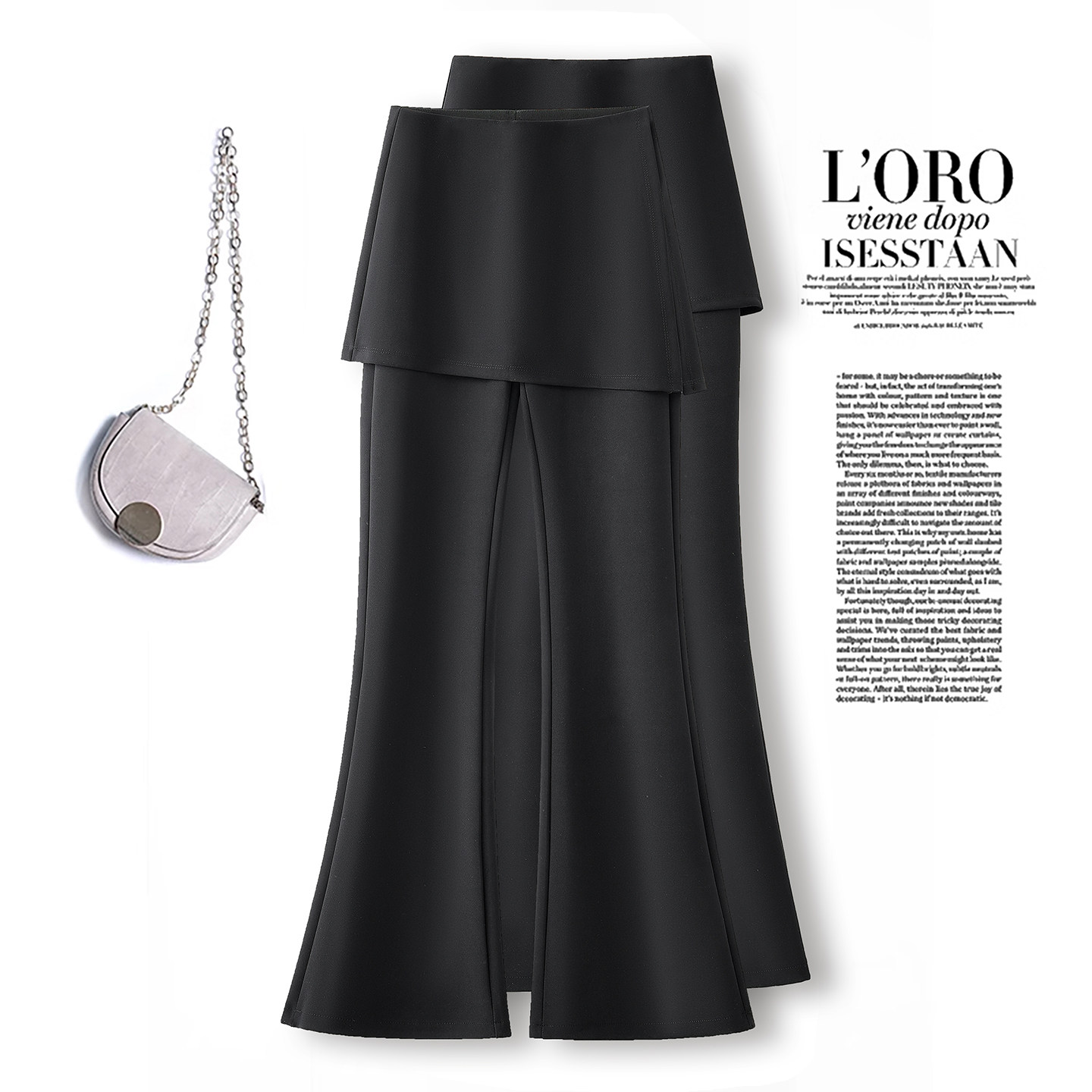 黑色假两件屁帘拼接微喇长裤女2026春秋季新款高腰修身显瘦西装裤