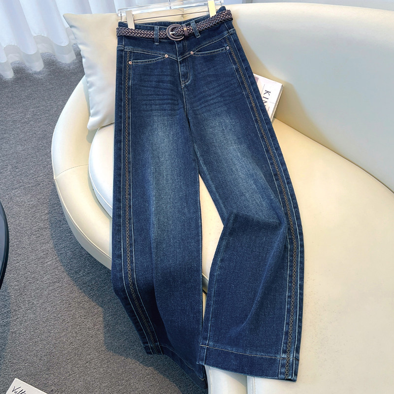 复古蓝阔腿牛仔裤女春秋2026新款刺绣高腰窄版显瘦垂感休闲直筒裤