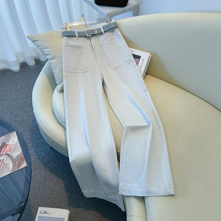 浅灰白色阔腿牛仔裤女春装2026新款长裤子宽松高腰休闲窄版直筒裤