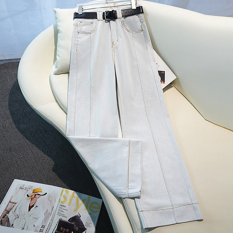 莫兰迪灰阔腿牛仔裤女春秋2026年新款高腰卷边九分宽松窄版直筒裤