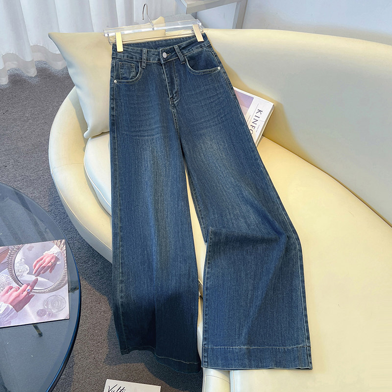 复古蓝牛仔阔腿裤女春季2026新款巨好看百搭的裤子高腰窄版直筒裤