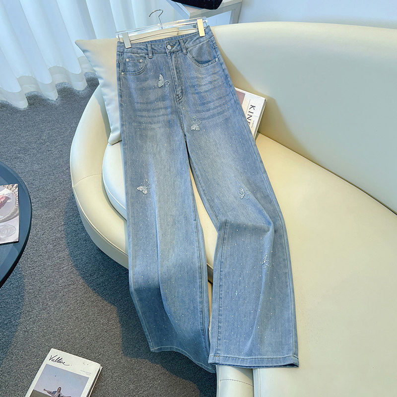 浅色带钻天丝阔腿牛仔裤女春夏2026新款爆款满天星闪钻窄版直筒裤