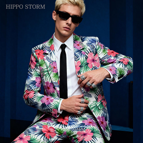 STORM国风花卉潮流西装印花西装修身夜店酒吧歌手美发师表演服装