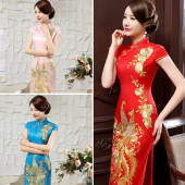 走秀表演 大红色刺绣凤凰大码 旗袍连衣裙 改良女春夏优雅旗袍长款