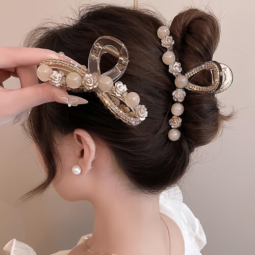 优雅小香风山茶花珠珠抓夹发夹